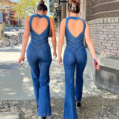 Heart - Shape Backless Denim Jumpsuit – High Waist Retro Summer Style - Xandu Limited