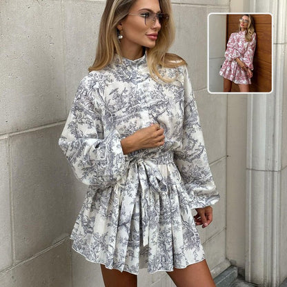 Ink Print A - Line Dress – Puffy Sleeve Short Dress with Lapel Tie - Xandu Limited