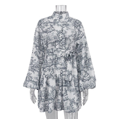 Ink Print A - Line Dress – Puffy Sleeve Short Dress with Lapel Tie - Xandu Limited