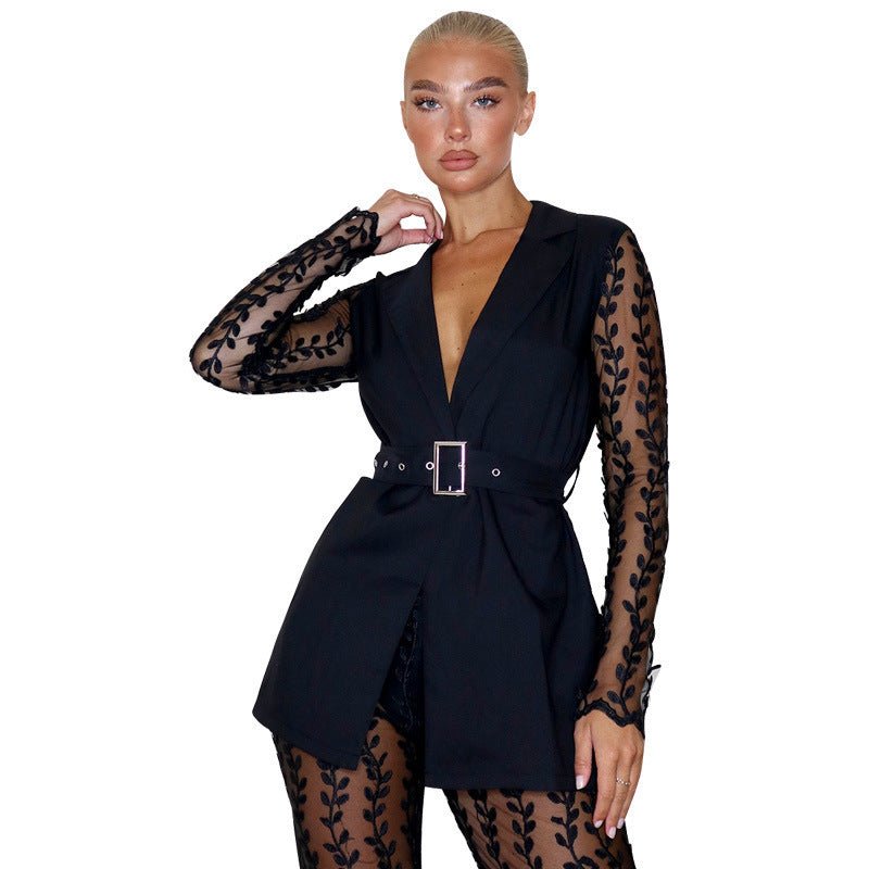 New Mesh Lace Floral Long - sleeved Top Bell - bottom Pants Suit Women Including Belt - Xandu Limited