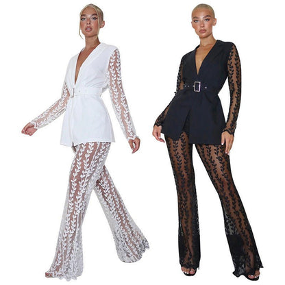 New Mesh Lace Floral Long - sleeved Top Bell - bottom Pants Suit Women Including Belt - Xandu Limited