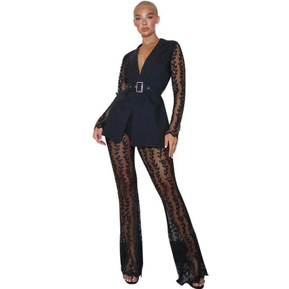 New Mesh Lace Floral Long - sleeved Top Bell - bottom Pants Suit Women Including Belt - Xandu Limited