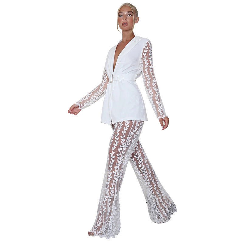 New Mesh Lace Floral Long - sleeved Top Bell - bottom Pants Suit Women Including Belt - Xandu Limited