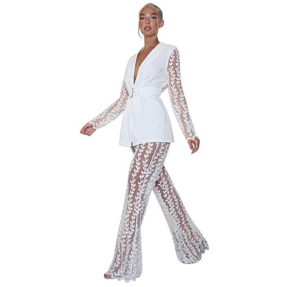 New Mesh Lace Floral Long - sleeved Top Bell - bottom Pants Suit Women Including Belt - Xandu Limited