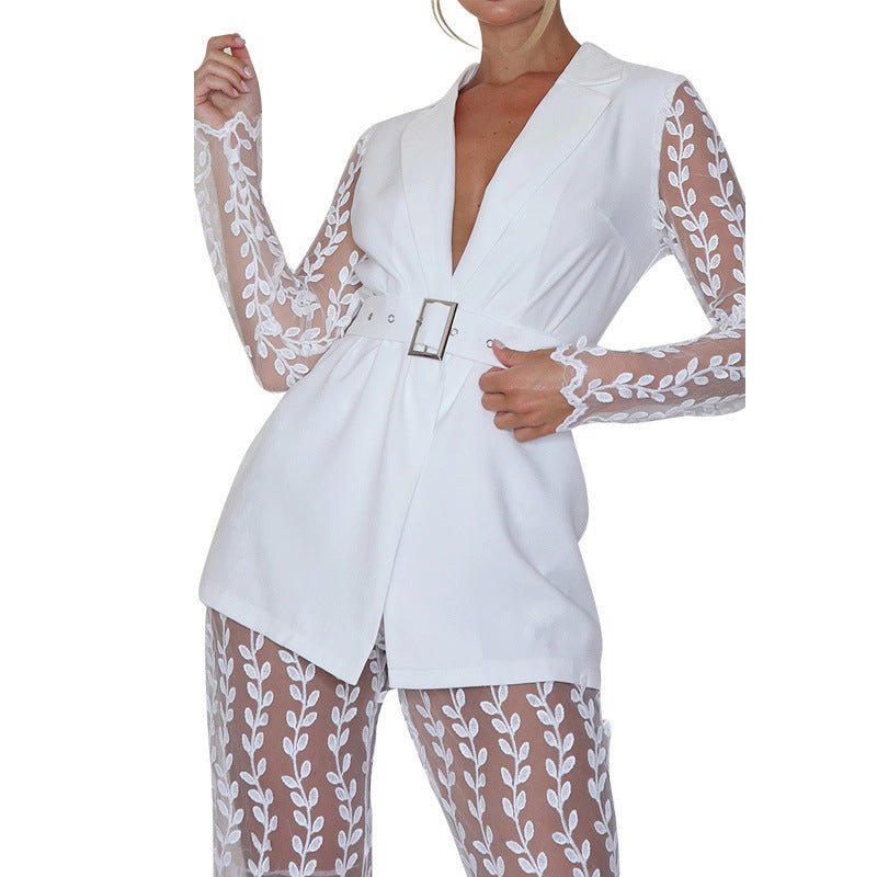 New Mesh Lace Floral Long - sleeved Top Bell - bottom Pants Suit Women Including Belt - Xandu Limited