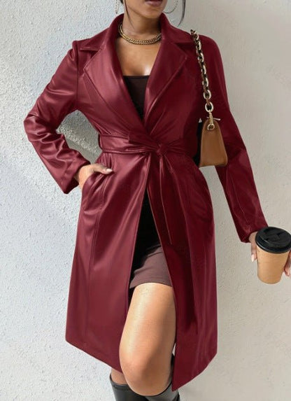 PU Leather Trench Coat – Slim Fit Long Jacket with Pockets for Women - Xandu Limited