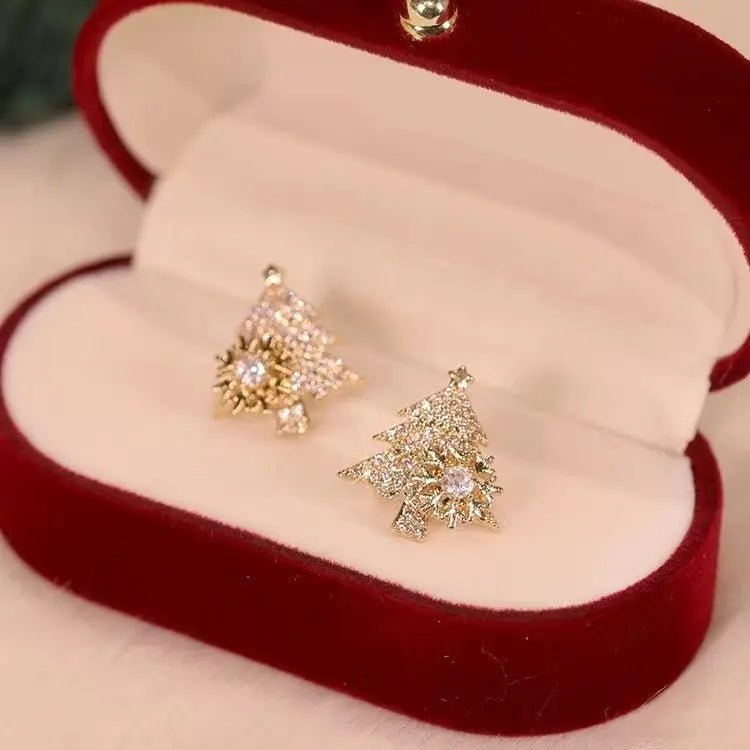 Rotatable Christmas Tree Earrings - Rhinestone Snowflake Festive Studs - Xandu Limited