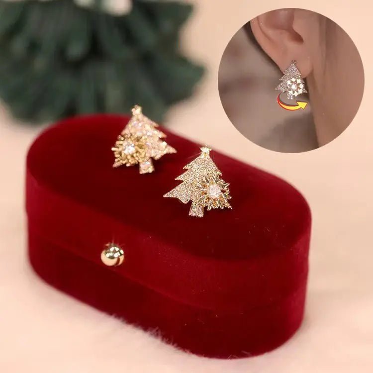 Rotatable Christmas Tree Earrings - Rhinestone Snowflake Festive Studs - Xandu Limited