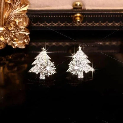 Rotatable Christmas Tree Earrings - Rhinestone Snowflake Festive Studs - Xandu Limited