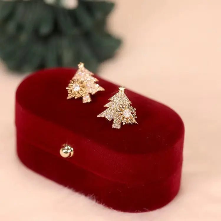 Rotatable Christmas Tree Earrings - Rhinestone Snowflake Festive Studs - Xandu Limited