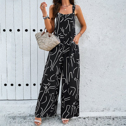 Square Neck Printed Jumpsuit – Casual Loose Overalls with Pockets - Xandu Limited