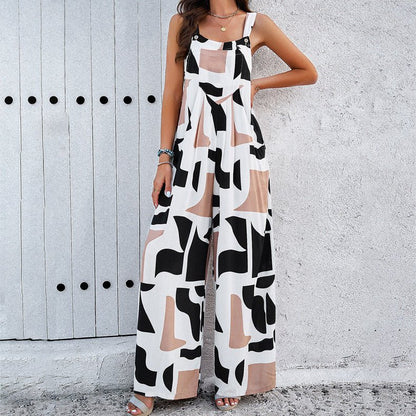 Square Neck Printed Jumpsuit – Casual Loose Overalls with Pockets - Xandu Limited