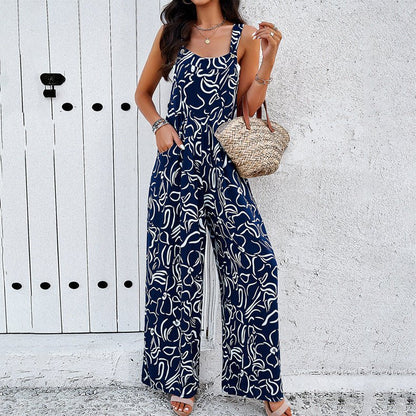 Square Neck Printed Jumpsuit – Casual Loose Overalls with Pockets - Xandu Limited