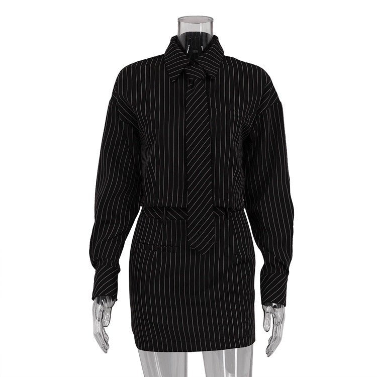 Striped Long Sleeve Tie Shirt Outfit Package Hip Skirt Two - piece Set - Xandu Limited