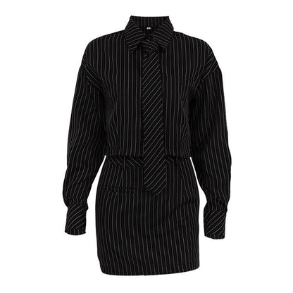 Striped Long Sleeve Tie Shirt Outfit Package Hip Skirt Two - piece Set - Xandu Limited