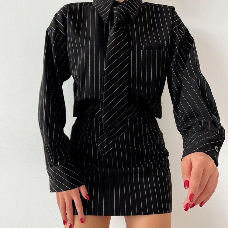 Striped Long Sleeve Tie Shirt Outfit Package Hip Skirt Two - piece Set - Xandu Limited