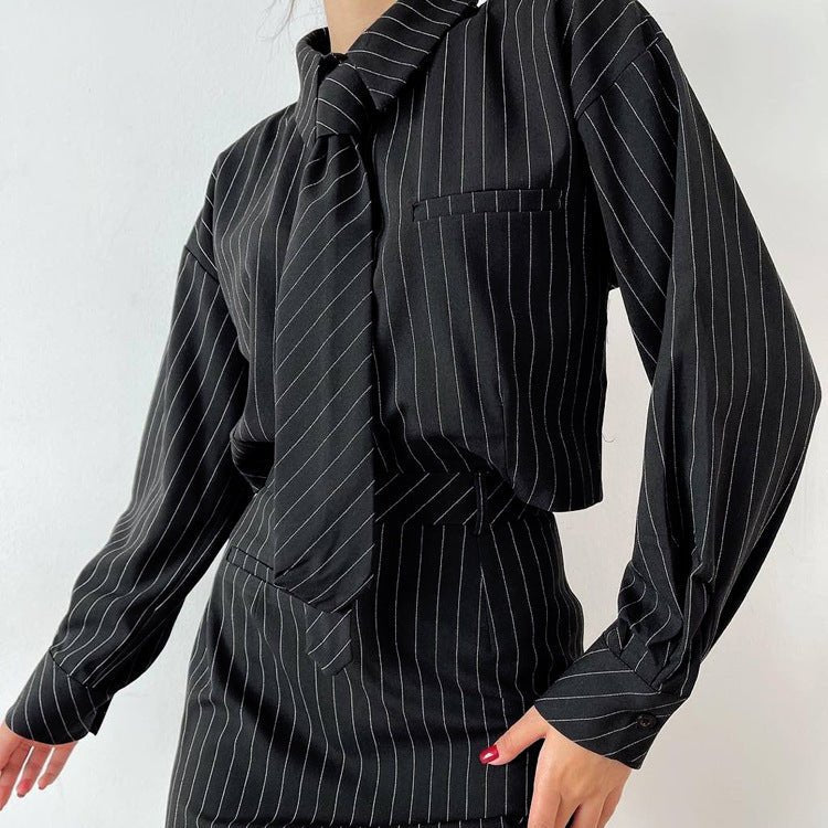 Striped Long Sleeve Tie Shirt Outfit Package Hip Skirt Two - piece Set - Xandu Limited