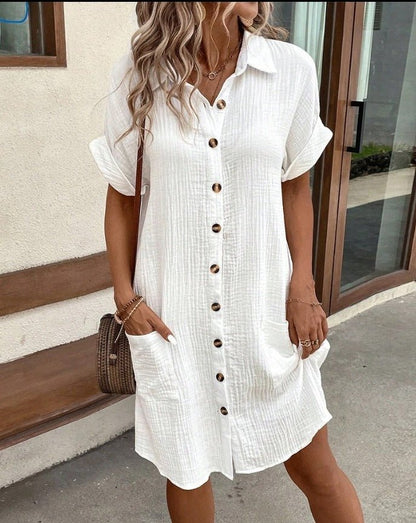 Summer Short Sleeve Shirt Dress – Solid Color Single - Breasted Midi - Xandu Limited