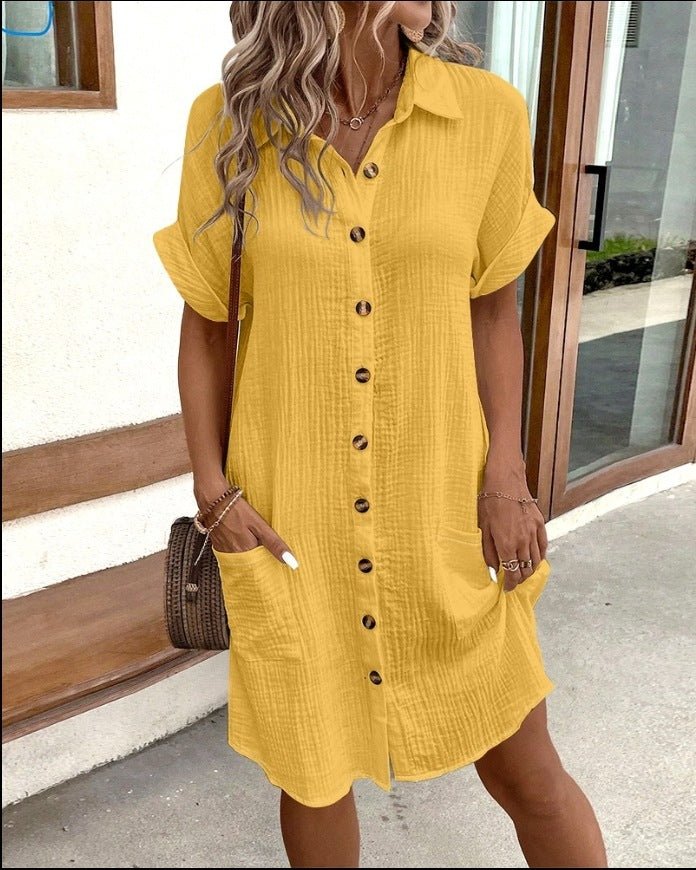 Summer Short Sleeve Shirt Dress – Solid Color Single - Breasted Midi - Xandu Limited