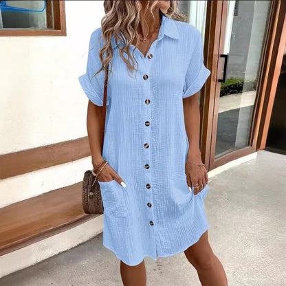 Summer Short Sleeve Shirt Dress – Solid Color Single - Breasted Midi - Xandu Limited