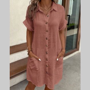 Summer Short Sleeve Shirt Dress – Solid Color Single - Breasted Midi - Xandu Limited