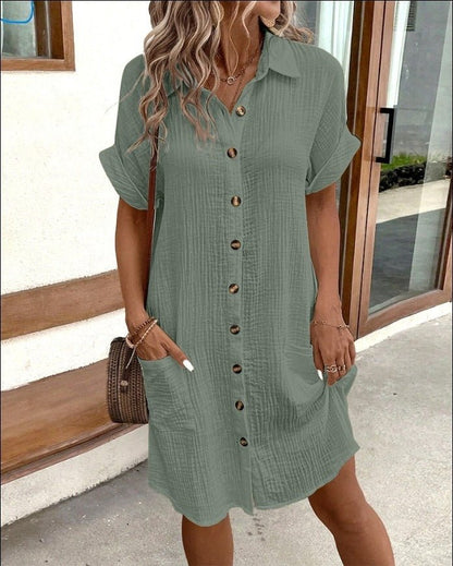 Summer Short Sleeve Shirt Dress – Solid Color Single - Breasted Midi - Xandu Limited