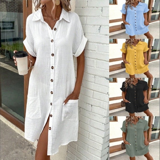 Summer Short Sleeve Shirt Dress – Solid Color Single - Breasted Midi - Xandu Limited