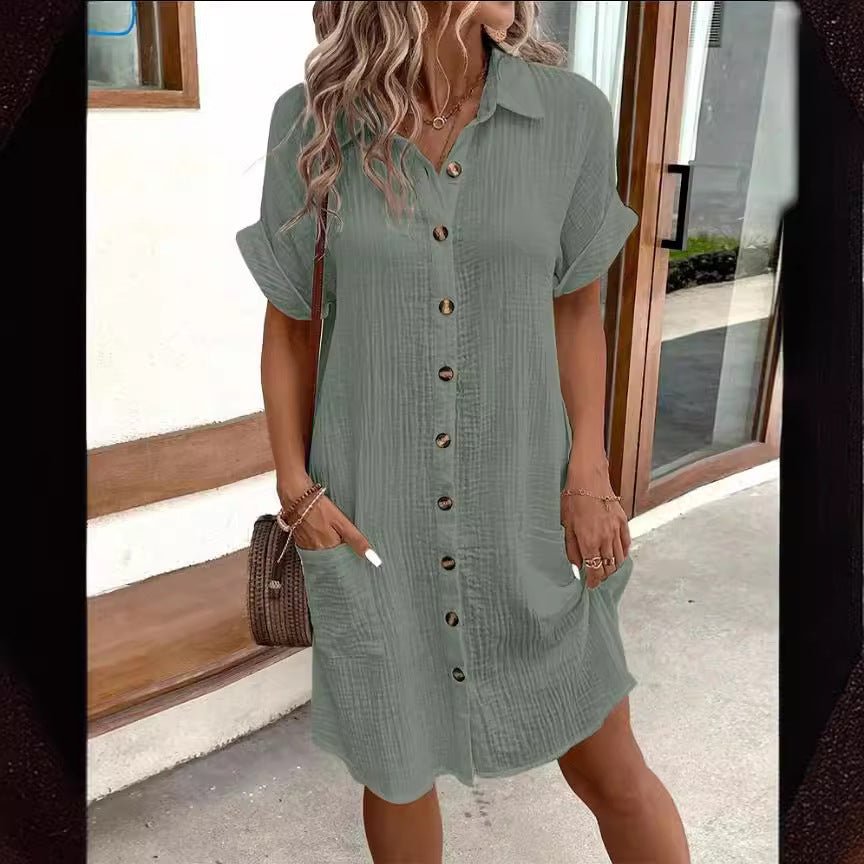 Summer Short Sleeve Shirt Dress – Solid Color Single - Breasted Midi - Xandu Limited