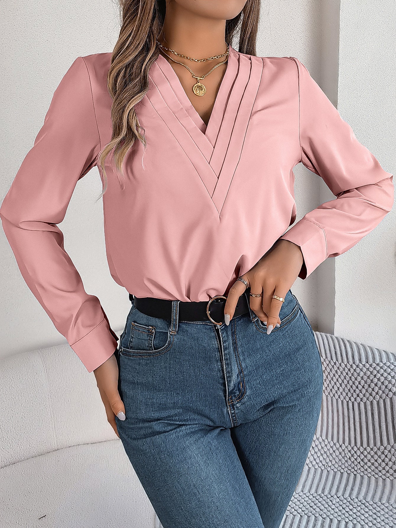 V - Neck Long Sleeve Blouse – Elegant Solid Office Wear for Women - Xandu Limited