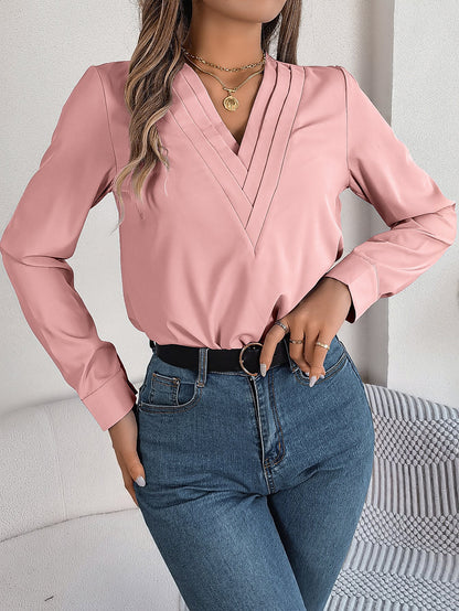 V - Neck Long Sleeve Blouse – Elegant Solid Office Wear for Women - Xandu Limited