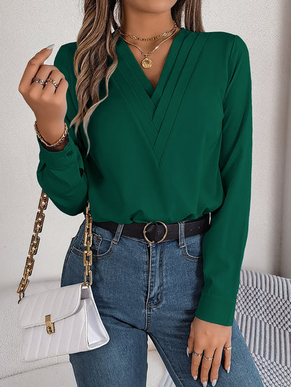 V - Neck Long Sleeve Blouse – Elegant Solid Office Wear for Women - Xandu Limited