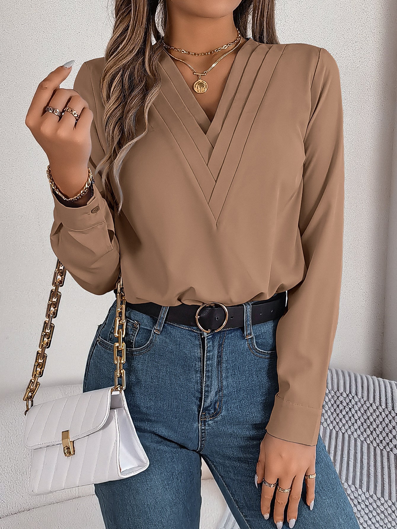 V - Neck Long Sleeve Blouse – Elegant Solid Office Wear for Women - Xandu Limited