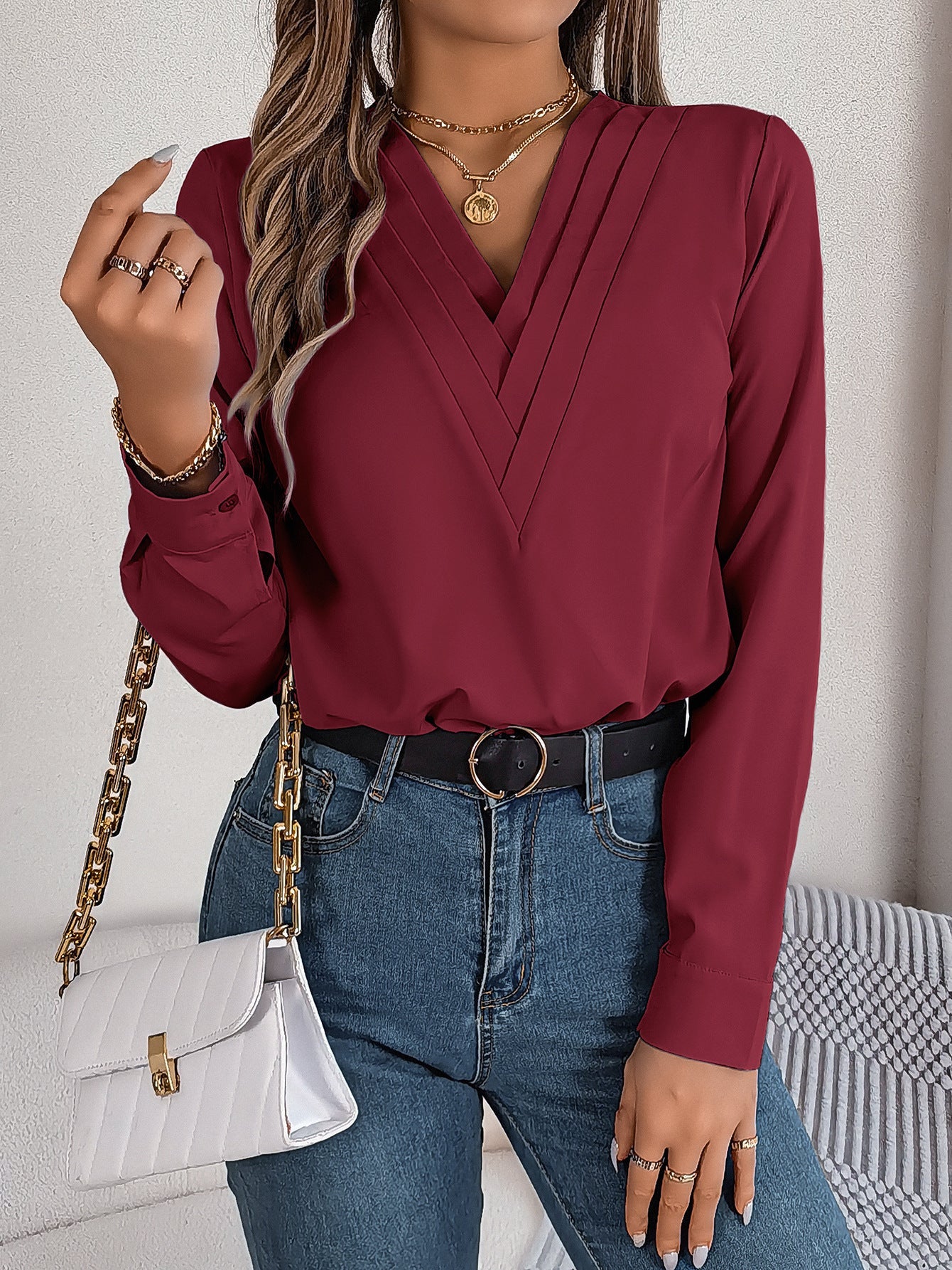 V - Neck Long Sleeve Blouse – Elegant Solid Office Wear for Women - Xandu Limited