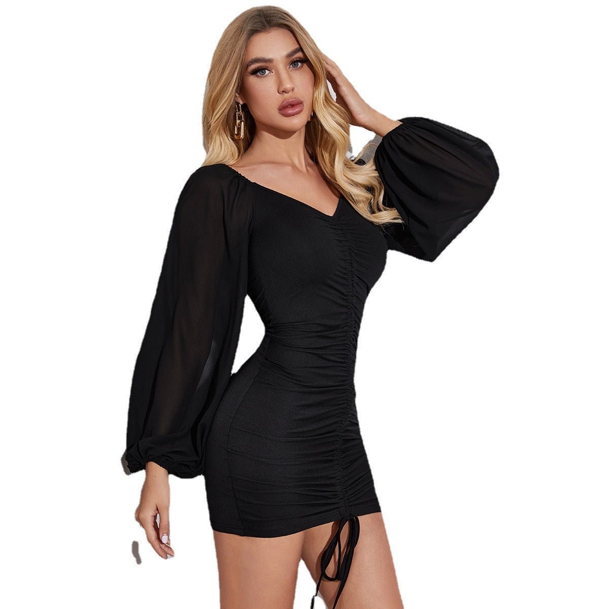 V - neck Long - sleeved Pleated Hip Dress - Xandu Limited