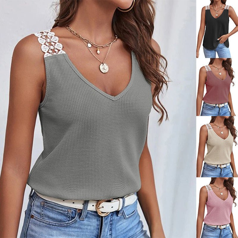 Waffle V - Neck Lace Tank Top – Sleeveless Summer Shirt for Women - Xandu Limited