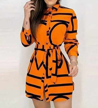 Women's Long Sleeve Allover Print Button Front Fashionable Character Dress - Xandu Limited