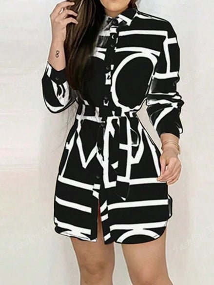 Women's Long Sleeve Allover Print Button Front Fashionable Character Dress - Xandu Limited