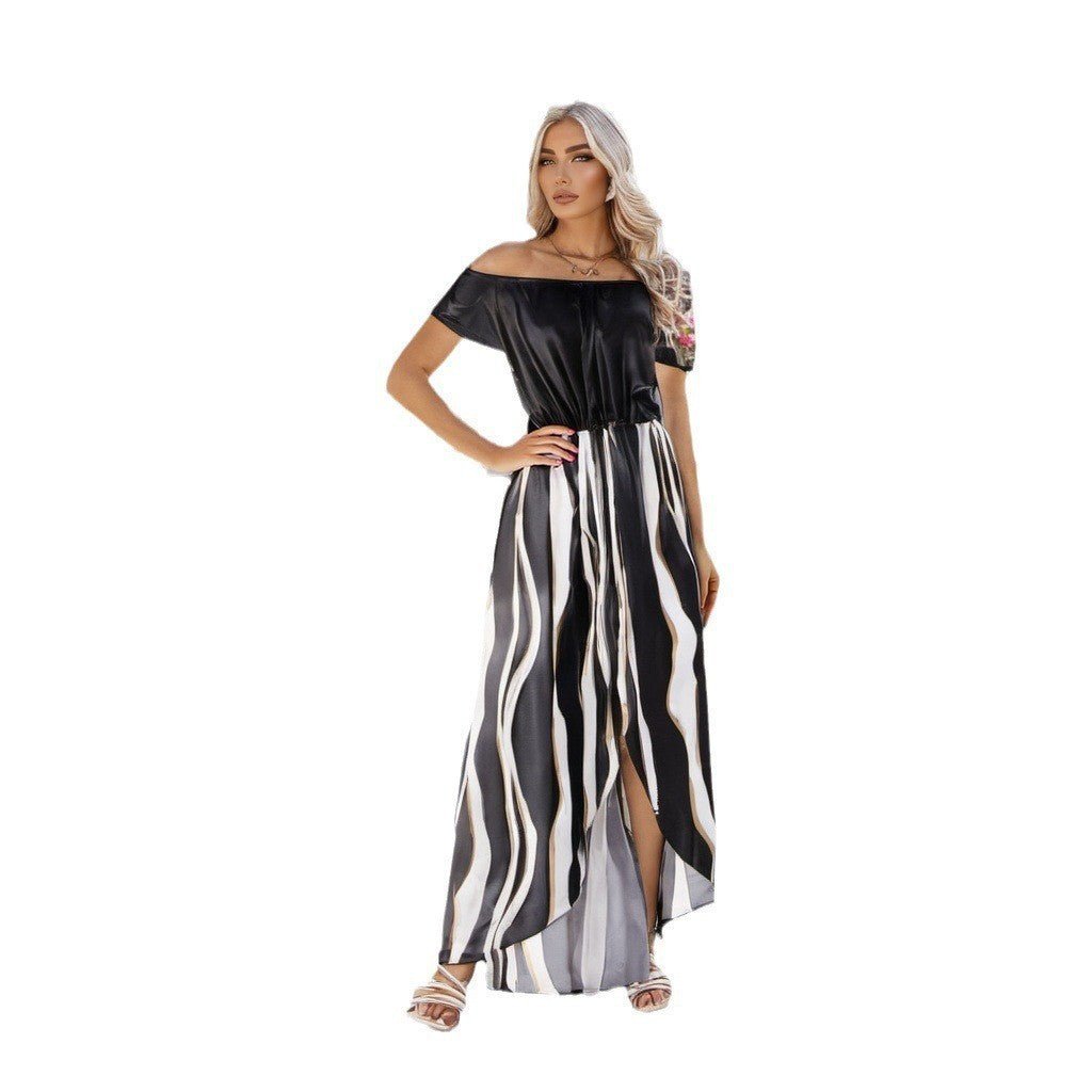 Zebra Pattern Off - Shoulder Dress – Waist - Trimming Short - Sleeve Style - Xandu Limited